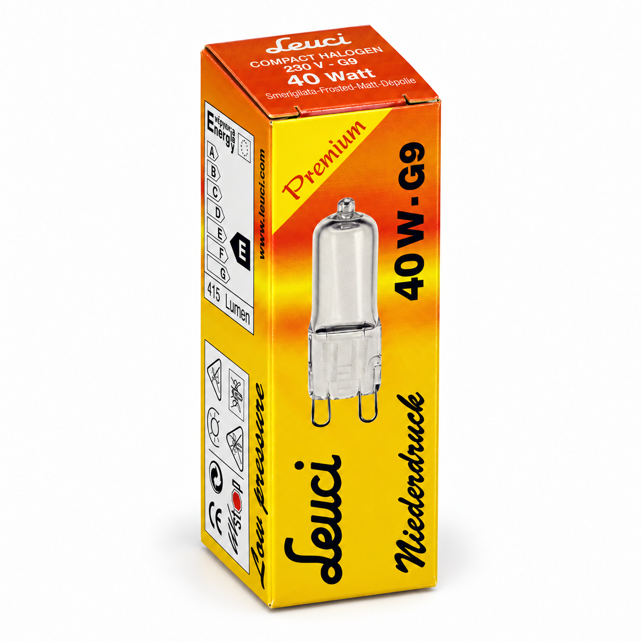 LEUCI Halogenlampe 40 Watt – Verpackung in Seitenperspektive