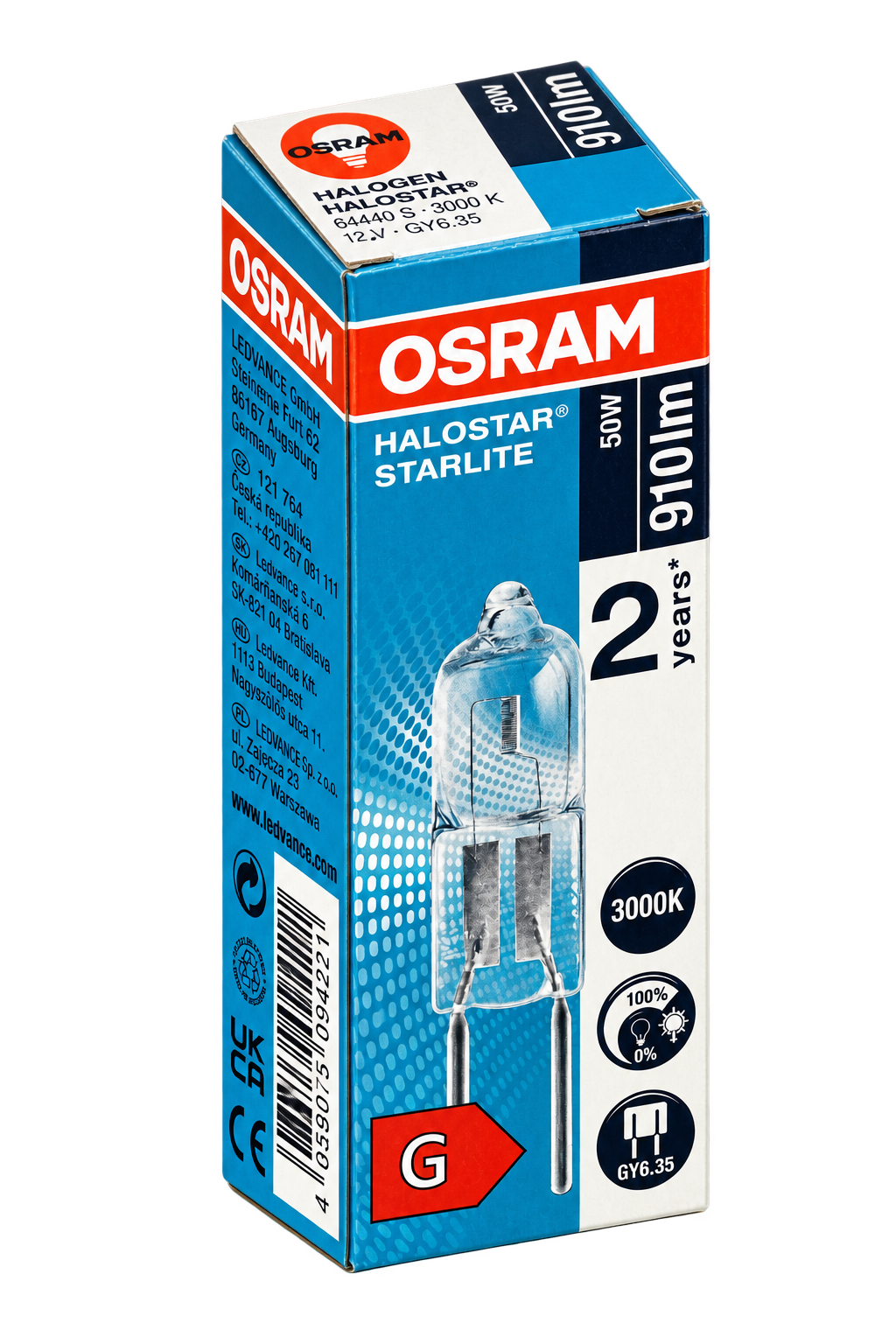 OSRAM Halogenlampe 50 Watt – Verpackung in Seitenperspektive