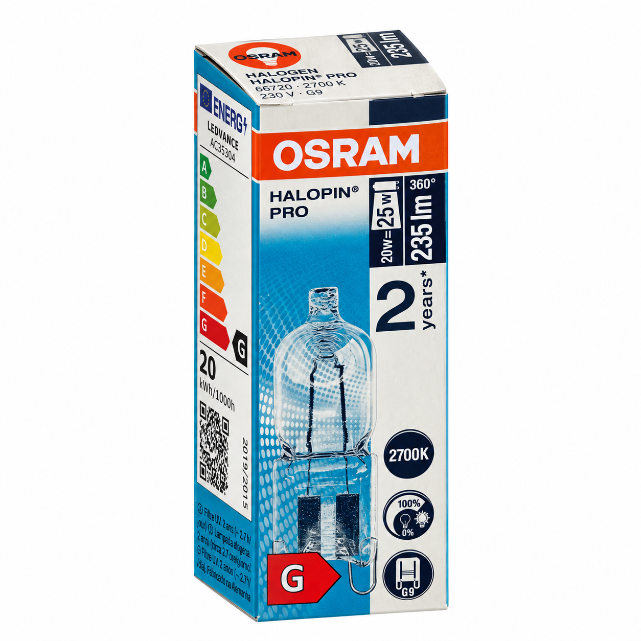 OSRAM Halogenlampe 20 Watt – Verpackung in Seitenperspektive