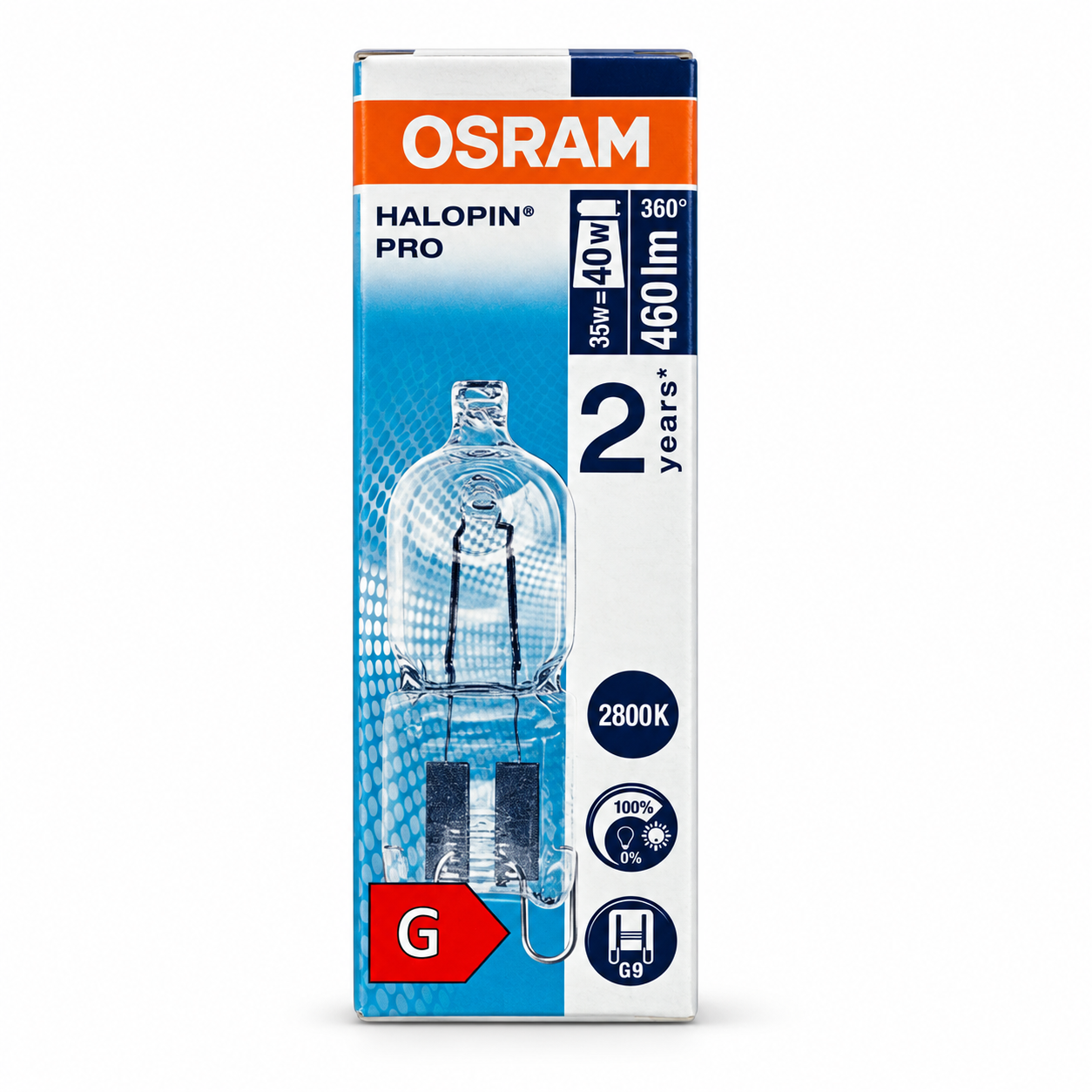 OSRAM Halogenlampe 35 Watt – Verpackung in Seitenperspektive