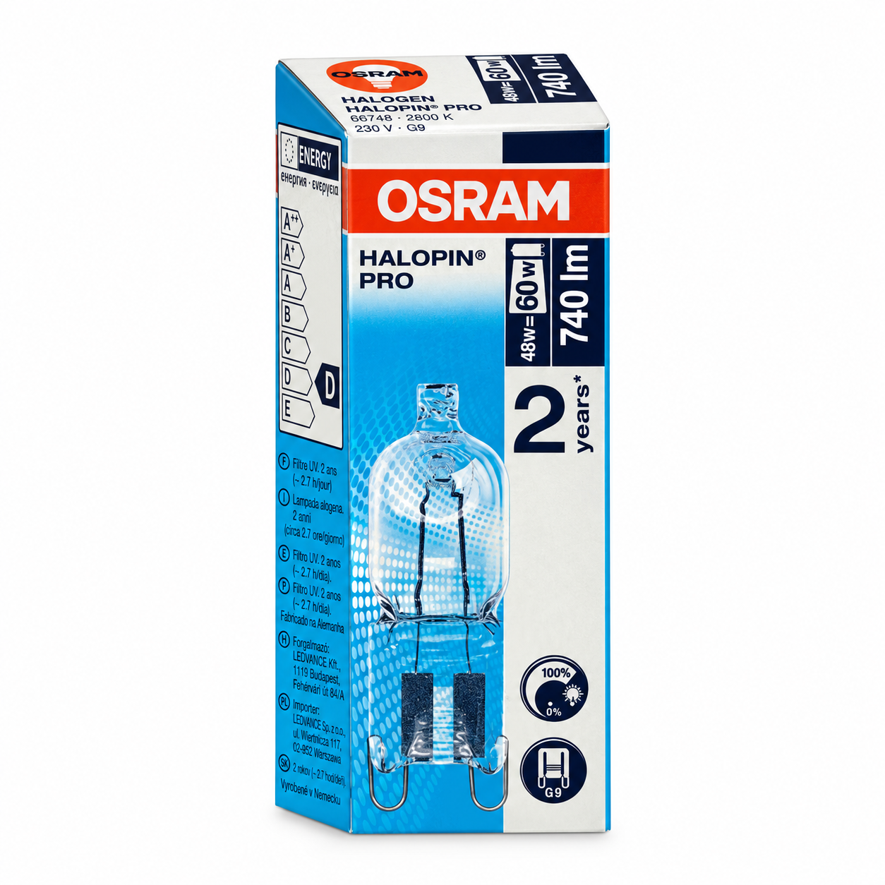OSRAM Halogenlampe 48 Watt – Verpackung in Seitenperspektive