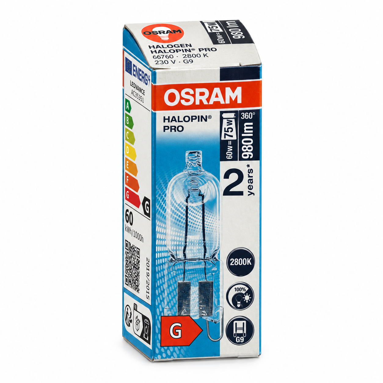 OSRAM Halogenlampe 60 Watt – Verpackung in Seitenperspektive