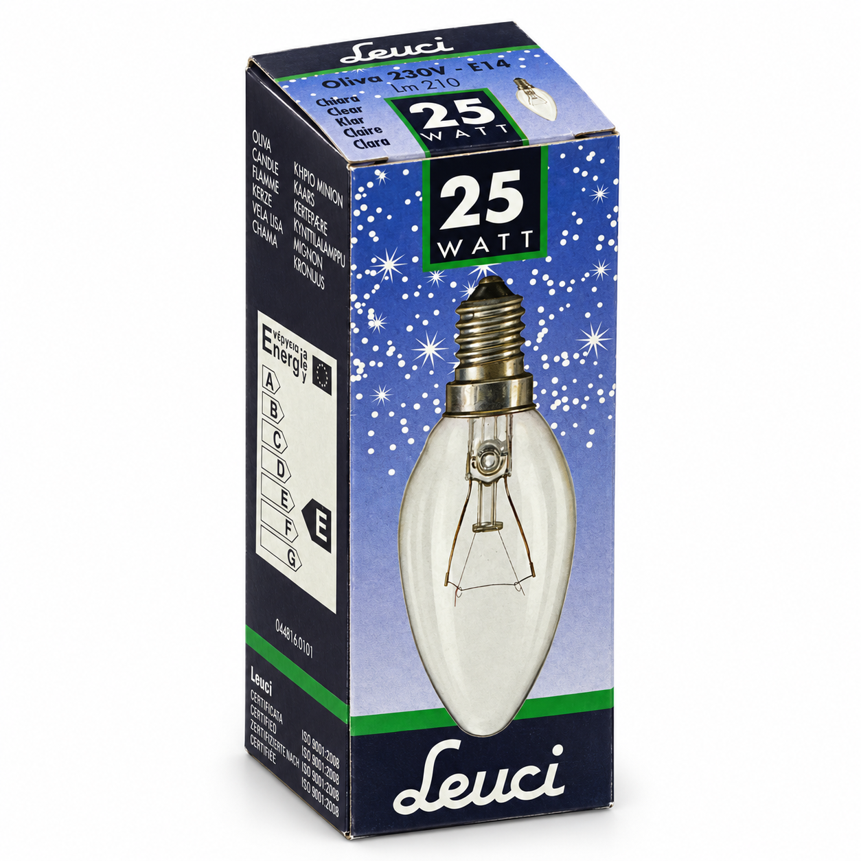 LEUCI Kerzenlampe 25 Watt – Verpackung in Seitenperspektive