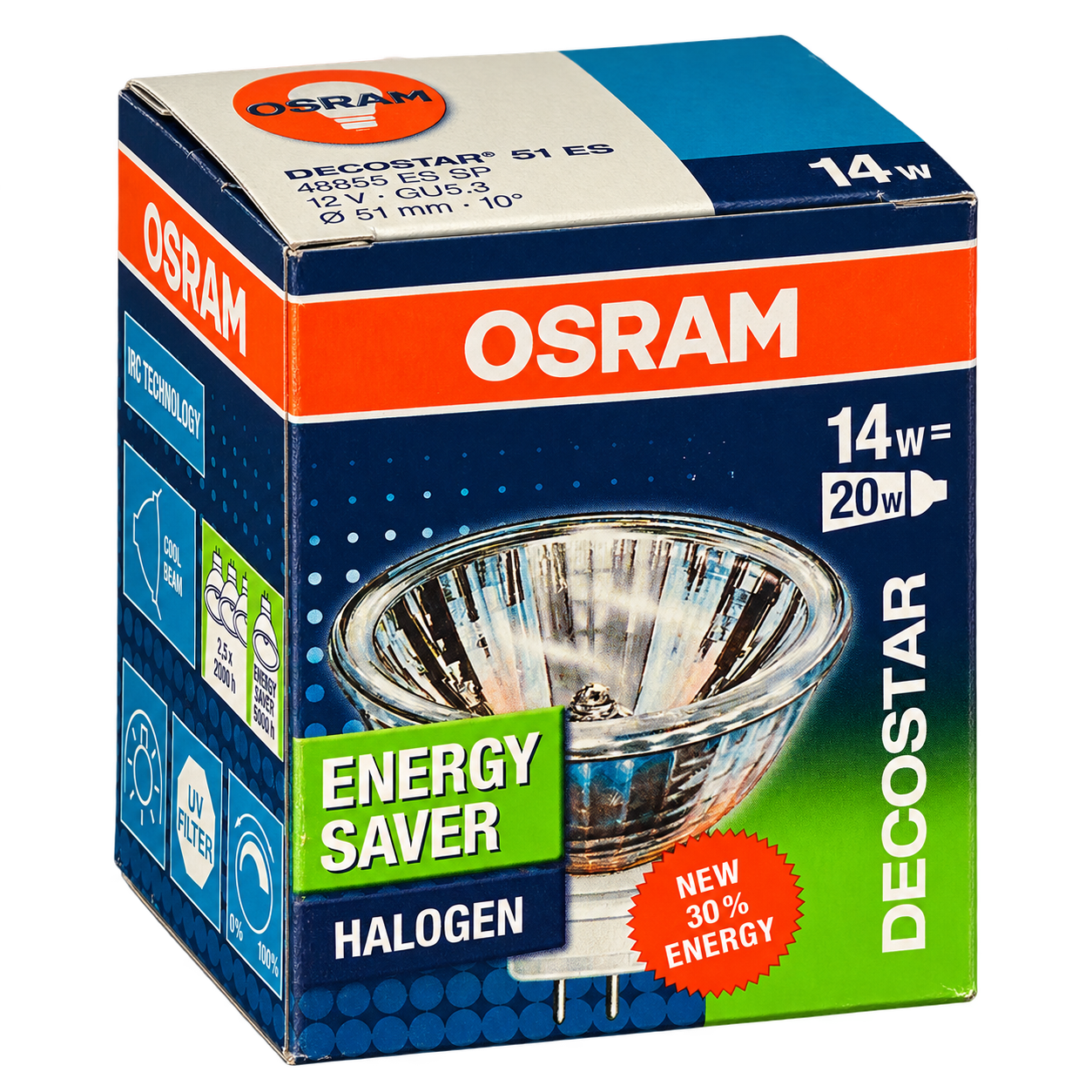 OSRAM Halogenlampe 14 Watt – Verpackung in Seitenperspektive