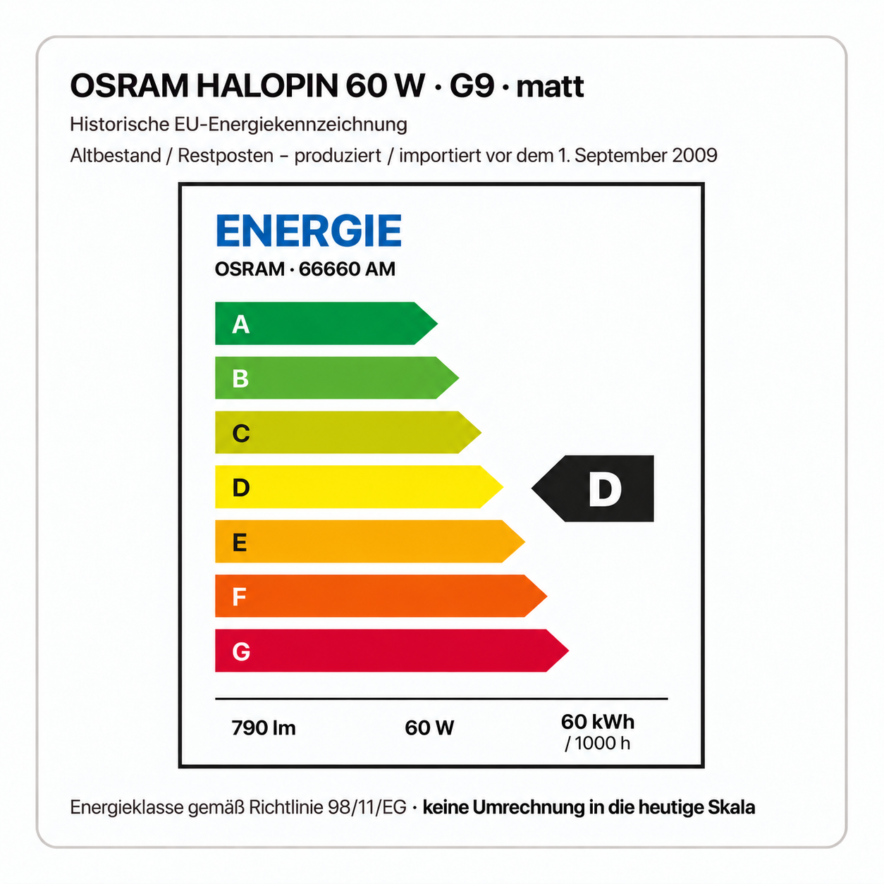 OSRAM 60 Watt G9 matt – 60 W, 60 kWh / 1000 h; historische Energieklasse D