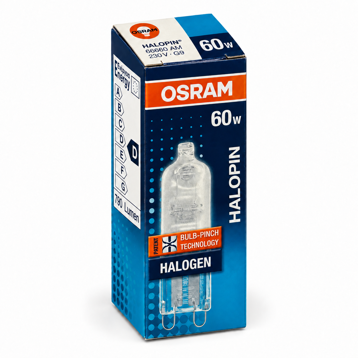 OSRAM Halogenlampe 60 Watt – Verpackung in Seitenperspektive