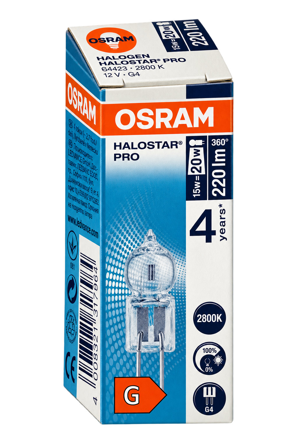 OSRAM Halogenlampe 15 Watt – Verpackung in Seitenperspektive