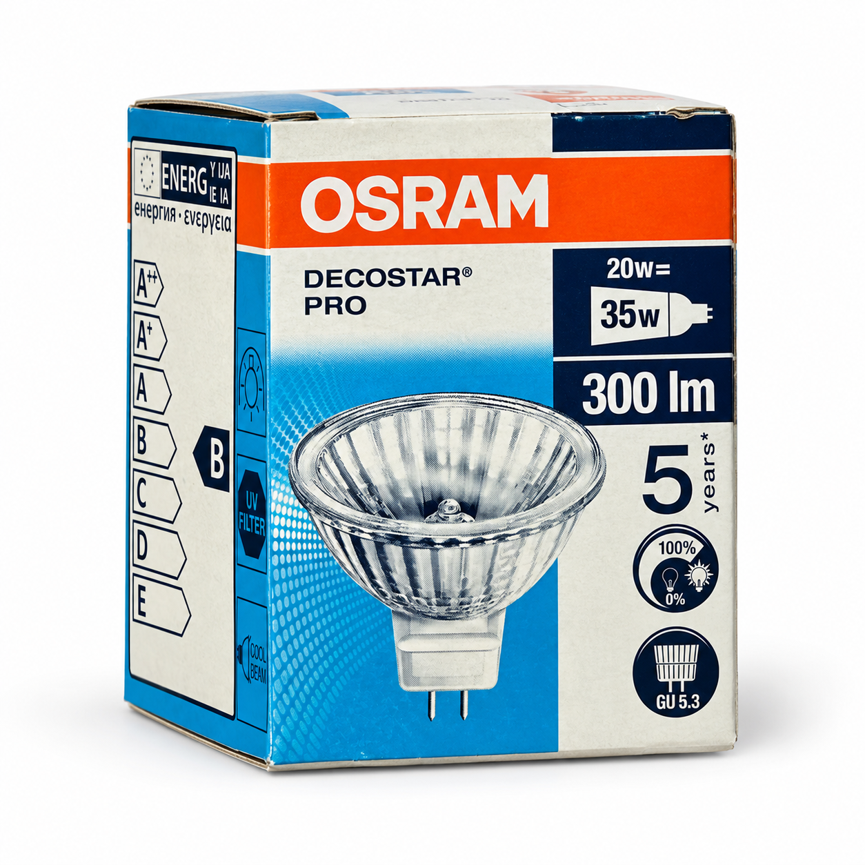 OSRAM Halogenlampe 20 Watt – Verpackung in Seitenperspektive