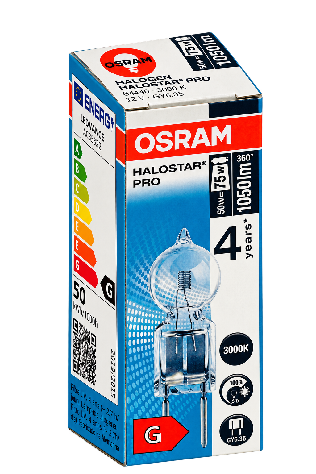 OSRAM Halogenlampe 50 Watt – Verpackung in Seitenperspektive
