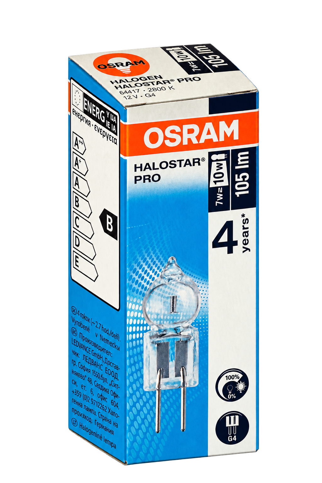 OSRAM Halogenlampe 7 Watt – Verpackung in Seitenperspektive