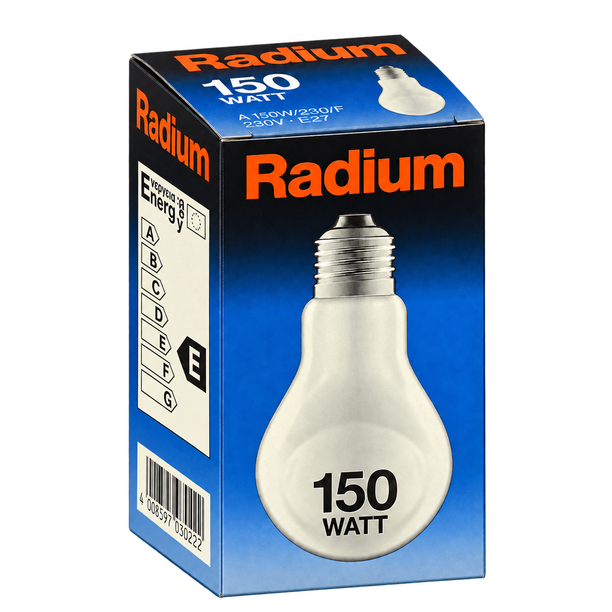 RADIUM Glühlampe 150 Watt – Verpackung in Seitenperspektive