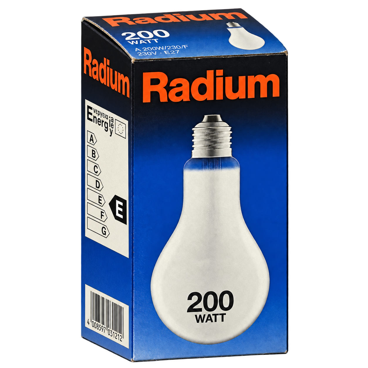 RADIUM Glühlampe 200 Watt – Verpackung in Seitenperspektive