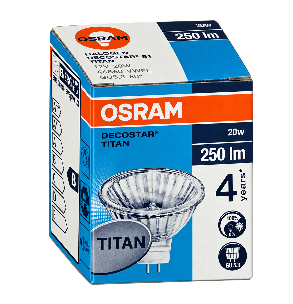 OSRAM Halogenlampe 20 Watt – Verpackung in Seitenperspektive