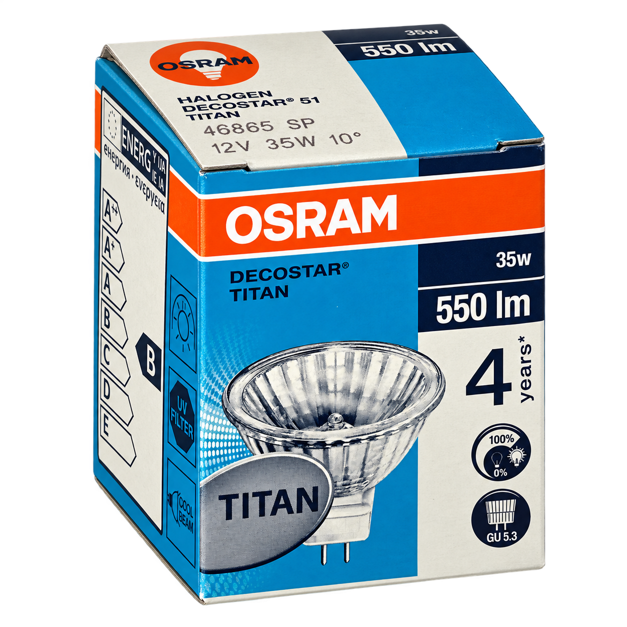 OSRAM Halogenlampe 35 Watt – Verpackung in Seitenperspektive