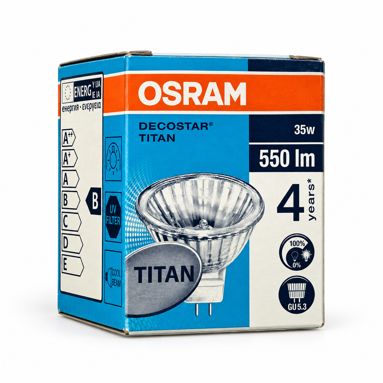 OSRAM Halogenlampe 35 Watt – Verpackung in Seitenperspektive
