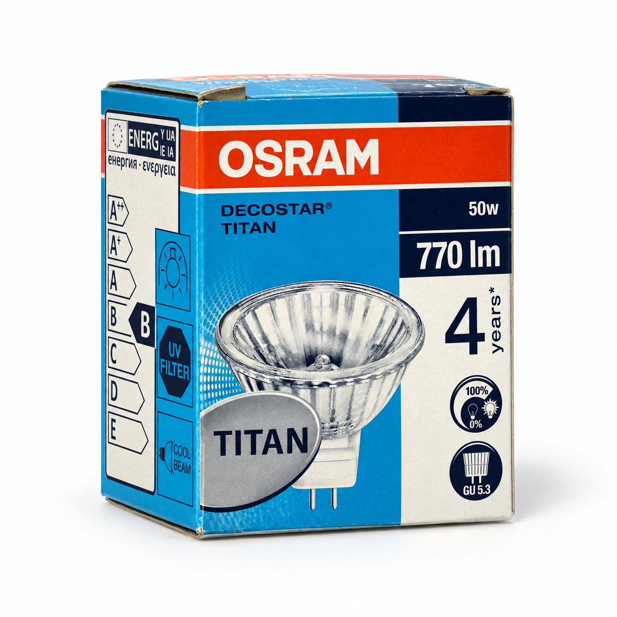 OSRAM Halogenlampe 50 Watt – Verpackung in Seitenperspektive